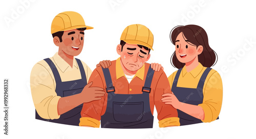 Illustrated for International Workers’ Day, two supportive coworkers comfort a sad construction worker with hands on his shoulders in a colorful cartoon style against a clean white