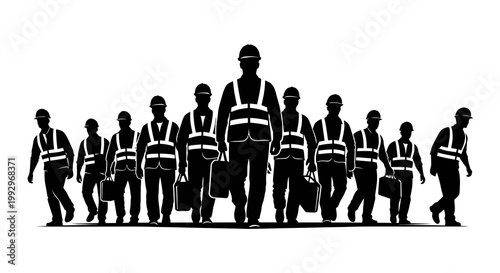 Monochromatic silhouette illustration depicting a diverse group of construction workers, symbolizing International Workers' Day (Labor Day), standing together in solidarity against a stark