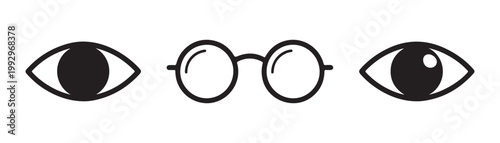 Linear eye and spectacles icons for optician services and vision care concepts isolated on transparent background.
