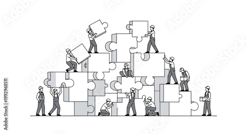 Celebrating International Workers’ Day, a group of construction workers collaborate, assembling large puzzle pieces on a white background, rendered in a flat, monochrome style