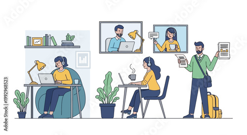 On International Workers’ Day, a digital illustration depicts three young professionals working remotely on laptops and video conferencing, with a minimalist design and a clean white