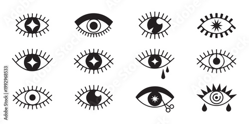 Collection of mystical eye symbols for graphic design and spiritual concepts.