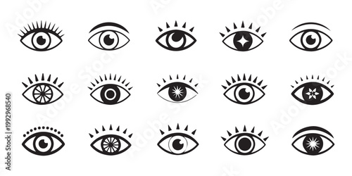 Comprehensive collection of stylized eye icons with various lashes and pupil patterns for design and branding.
