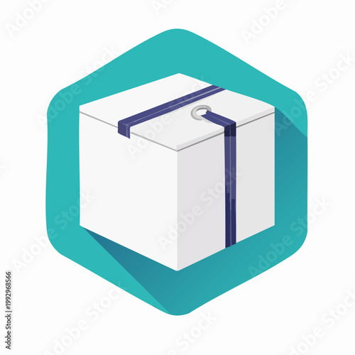 Flat design icon of a white box with blue straps