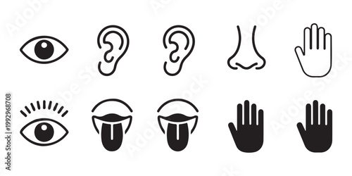 Five senses icons featuring eyes ears nose tongue and hands for body perception.