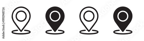 Set of location pin with ground shadow. map pointer symbol in flat style for gps navigation on transparent background.