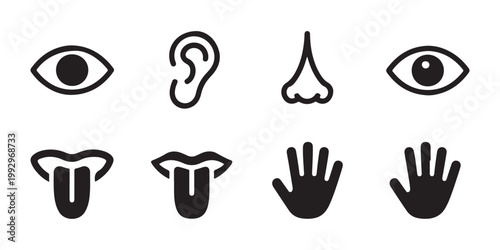 Five senses icons with eyes ears nose mouth and hands for body organ representation.