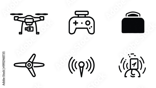 Drone Essentials: A series of sleek icons showcases the essential elements of a drone setup, including the drone itself, its controller, and additional accessories.