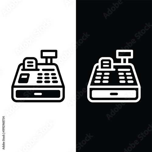 A black and white illustration of a vintage cash register design