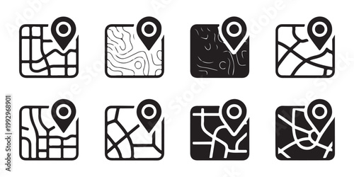 Collection of black map icon with location pin. map pointer symbol in flat style for gps navigation and routes.