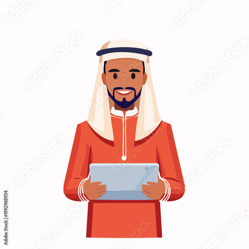 Arab Man in Traditional Clothing Holding a Tablet