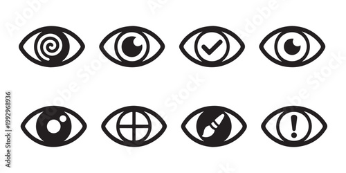 Set of human vision icons featuring various pupil shapes such as swirl checkmark crosshair and exclamation mark.
