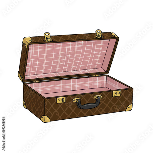 Open Vintage Suitcase with Pink Plaid Lining, Isolated Vector Illustration for Travel and Luggage Design