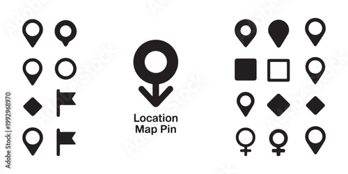 Various map pin and location marker icons including gender symbols and flags for different map applications.