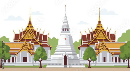 Traditional Thai architecture featuring golden roof temples and a central white stupa or chedi under a clear sky with trees.
