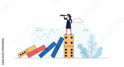 Visionary businesswoman standing on a domino while watching others fall over represents strategy, risk management, and foresight.