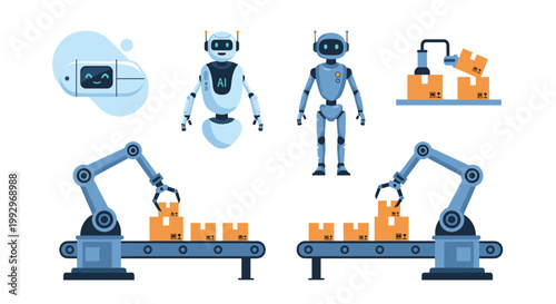 Set of different industrial and humanoid robots working in a smart warehouse with conveyor belts and boxes for automation.