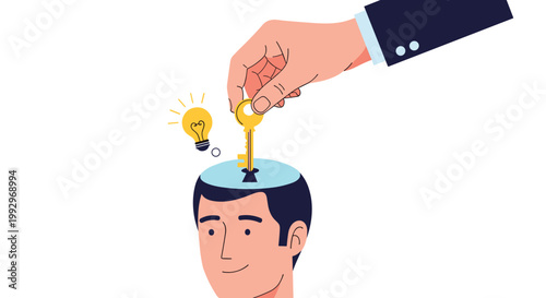 Large hand inserting a golden key into the top of a man's head to unlock potential, knowledge, or new creative ideas.
