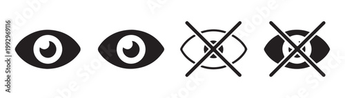 Four different stages of visibility icons showing open eye through to crossed out invisible state for design.