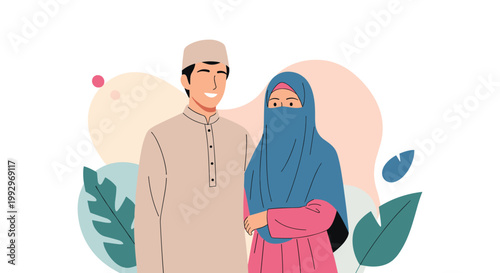 Happy Muslim couple together with man wearing traditional kufi and woman in blue niqab against colorful background.
