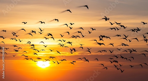 A massive flock of migratory birds flying across a vibrant golden sunset sky.