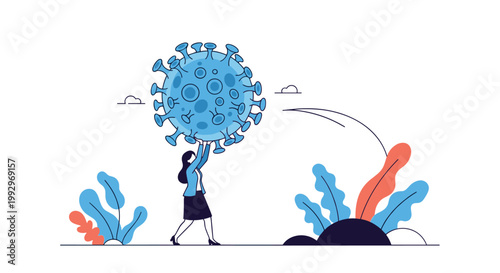 Strong businesswoman lifting and throwing away a giant blue virus cell symbolizing victory over global pandemic crisis.