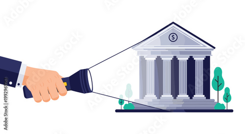 Businessman hand holding a flashlight and shining light on a bank building to find financial solutions and transparency.