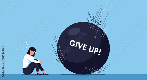 Despairing woman sitting on the floor as a giant black ball labeled give up rolls toward her symbolizing failure and pressure.