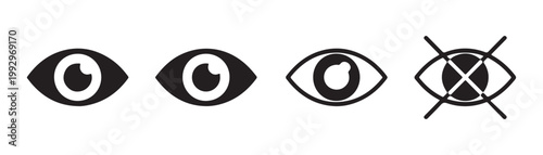 Minimalist eye visibility icons showing full view and restricted access with crossed out symbol for interface.