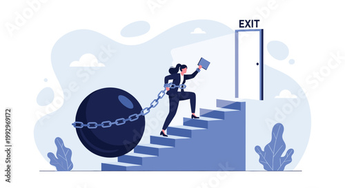 Businesswoman chained to a heavy ball struggling to climb stairs toward an exit door representing work debt and freedom.