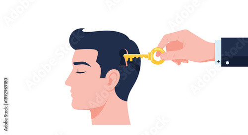 Hand inserting golden key into keyhole on side of human head symbolizing unlocking of mental potential, knowledge, or mind.