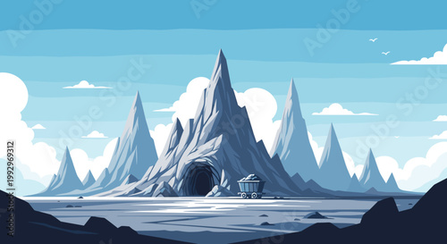 Tall rocky mountain peaks under a clear blue sky with a mine entrance and an ore cart on a frozen plain representing resource extraction.