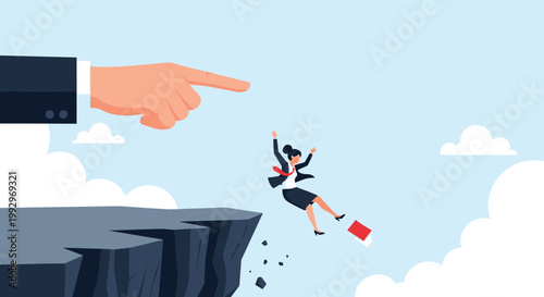 Giant hand pointing at a businesswoman falling off a high rocky cliff symbolizing corporate failure, job loss, or sudden dismissal.