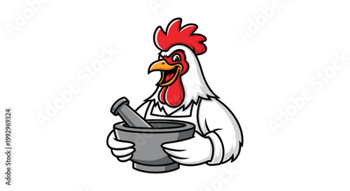 Strong rooster character dressed as a chef holding a large mortar and pestle for a restaurant, kitchen, or culinary cooking concept.