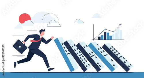 Businessman running fast to escape from large falling dominoes with a financial growth graph in the background representing market risk.