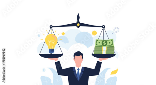 Businessman balancing a glowing lightbulb and stacks of cash on a scale representing the value of innovative ideas and financial capital.