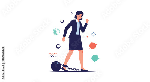 Stressed businesswoman walking while shackled to a heavy iron ball and chain representing debt, work burden, or financial limitation.