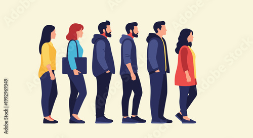 Diverse group of people standing in a long queue line representing waiting for customer service, ticket entry, or a public event.