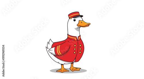 White duck character in a red hotel bellhop uniform and hat facing the right side on a white background for hospitality staff concepts.