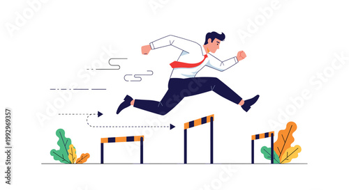 Determined businessman jumping over hurdles on track symbolizing overcoming obstacles and business challenges.