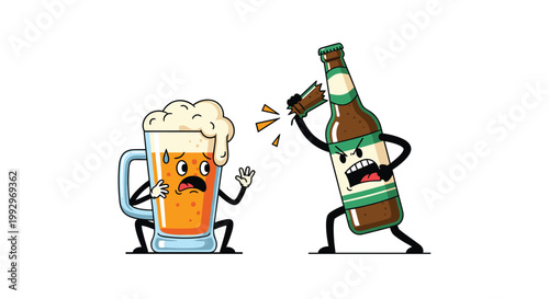 Humorous cartoon scene with an angry beer bottle attacking a scared beer mug character with broken glass for drinking habit concepts.