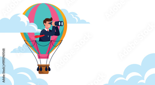 Businessman standing in a colorful hot air balloon using binoculars to search for future business opportunities high above the clouds.