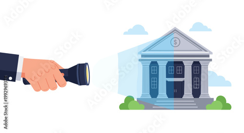 Hand holding flashlight and illuminating the facade of a bank building representing transparency or investigation.