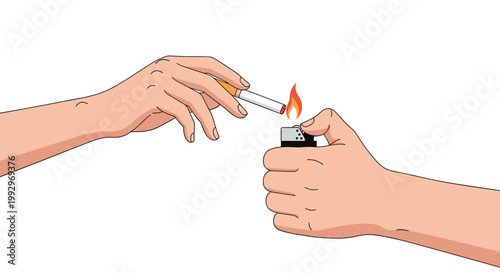 Close up of one hand using a lighter to ignite a cigarette held by another person for a smoking habit or tobacco consumption concept.