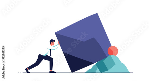 Determined businessman putting effort into pushing a large heavy geometric block symbolizing a difficult challenge or task.