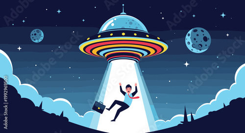 Surprised businessman being pulled up into a large colorful UFO spaceship by a tractor beam in a starry night sky scene.