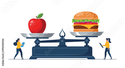 Weighing scale with a healthy red apple on one side and a greasy hamburger on the other for a diet and nutrition comparison.
