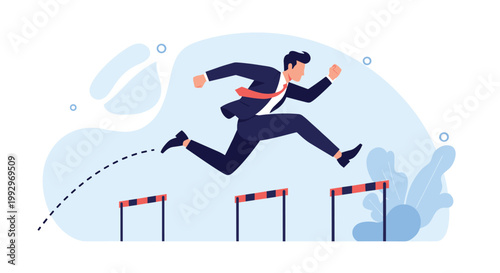 Determined businessman jumping over a series of hurdles to represent overcoming obstacles and challenges in a corporate career.