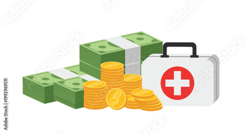 Large stacks of cash and gold coins next to a medical first aid kit representing the high cost of healthcare or insurance savings.