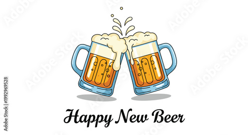 Two large glass mugs of cold beer clinking together for a toast with the text Happy New Beer written below the illustration.